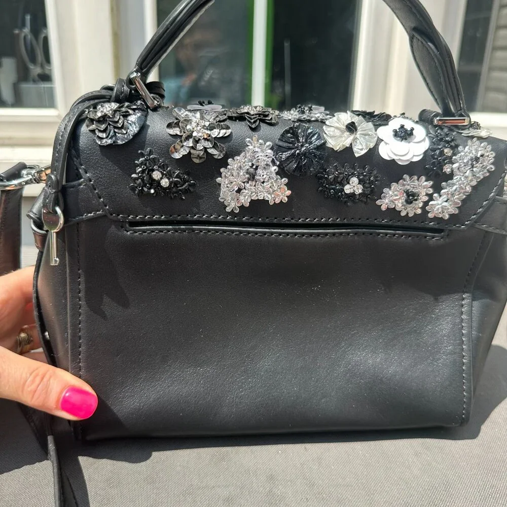 NWT Michael Kors Leather Bristol Embellish Floral Satchel, Black, White, Silver - Picture 4 of 10